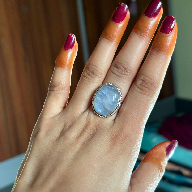 Handmade Genuine Rainbow Moonstone Sterling Silver Ring