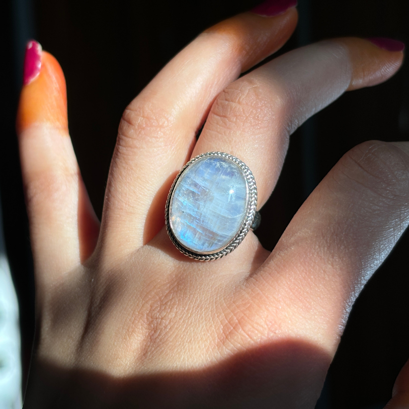 Handmade Genuine Rainbow Moonstone Sterling Silver Ring