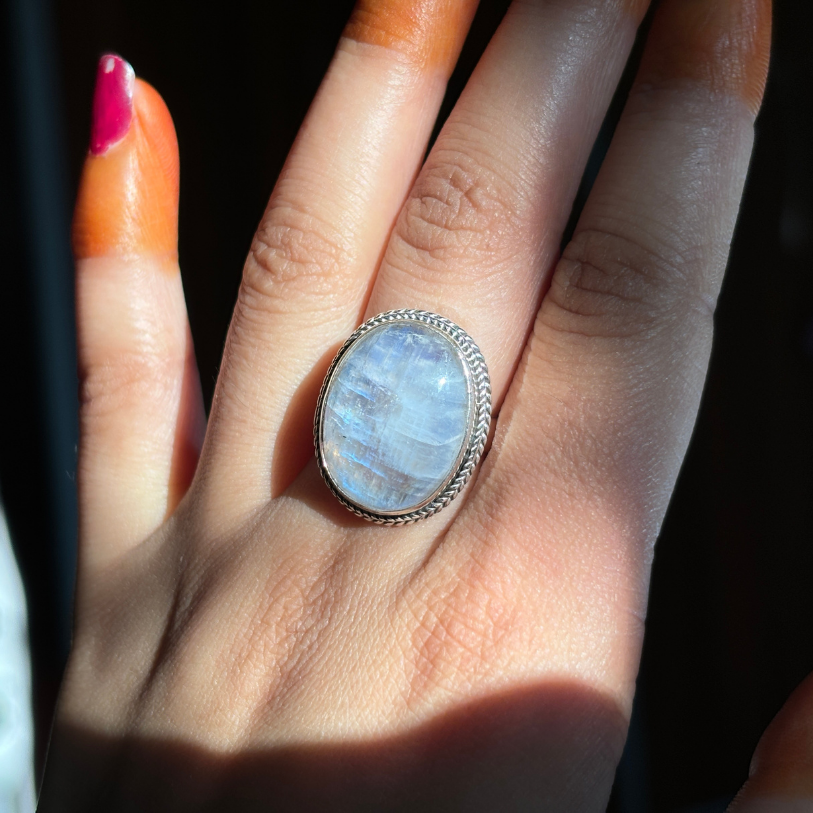 Handmade Genuine Rainbow Moonstone Sterling Silver Ring