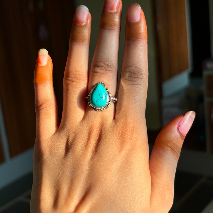 Handmade Dainty Pear Turquoise Sterling Silver Ring