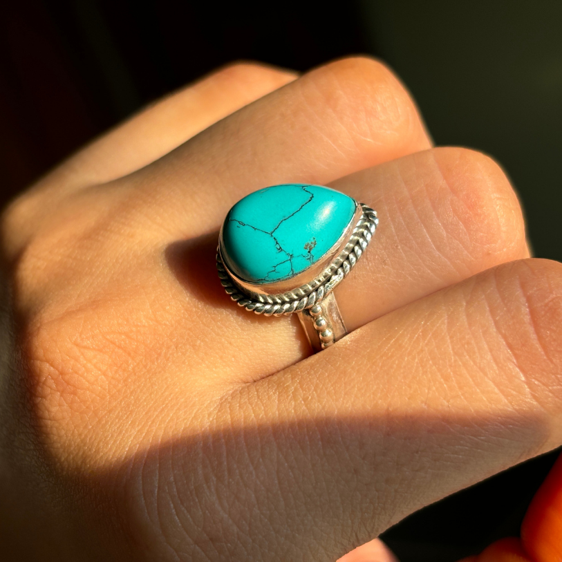 Handmade Dainty Pear Turquoise Sterling Silver Ring