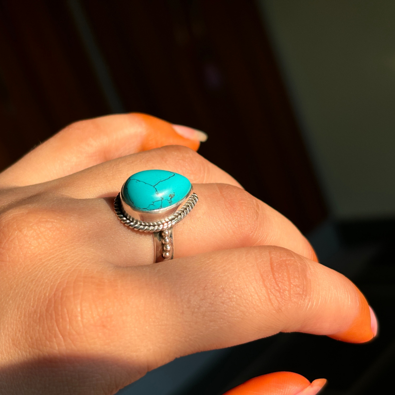 Handmade Dainty Pear Turquoise Sterling Silver Ring