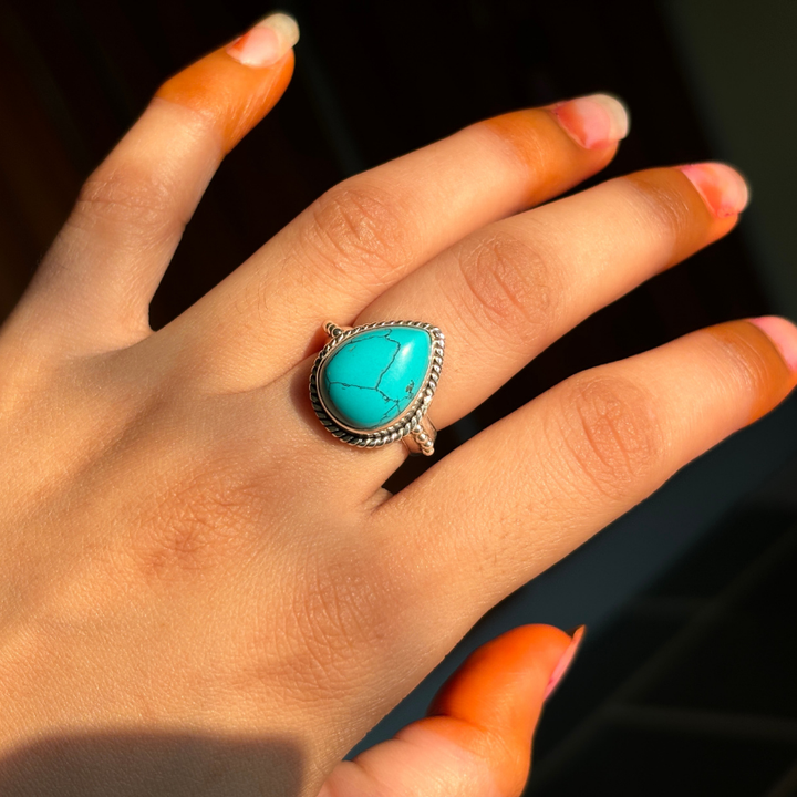 Handmade Dainty Pear Turquoise Sterling Silver Ring