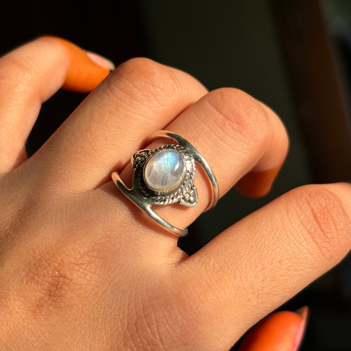 Genuine Rainbow Moonstone Sterling Silver Boho Ring