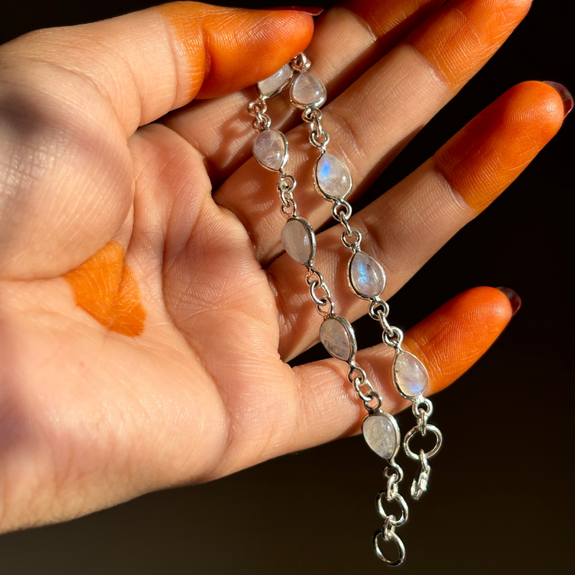 Sterling Silver White Rainbow MoonStone Bracelet