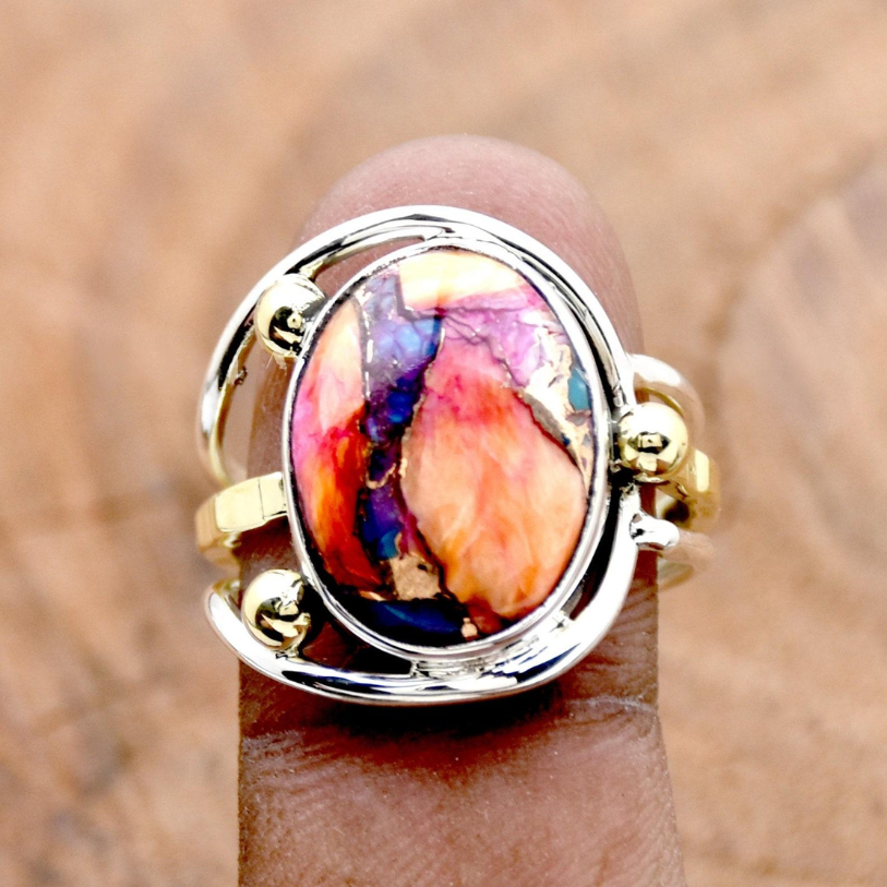 Kingman Pink Dahlia Oyster Turquoise Ring | Sterling Silver | Designer Boho Two-Tone Band Ring