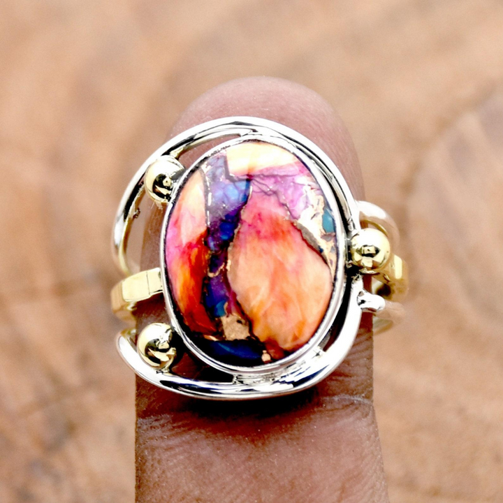 Kingman Pink Dahlia Oyster Turquoise Ring | Sterling Silver | Designer Boho Two-Tone Band Ring