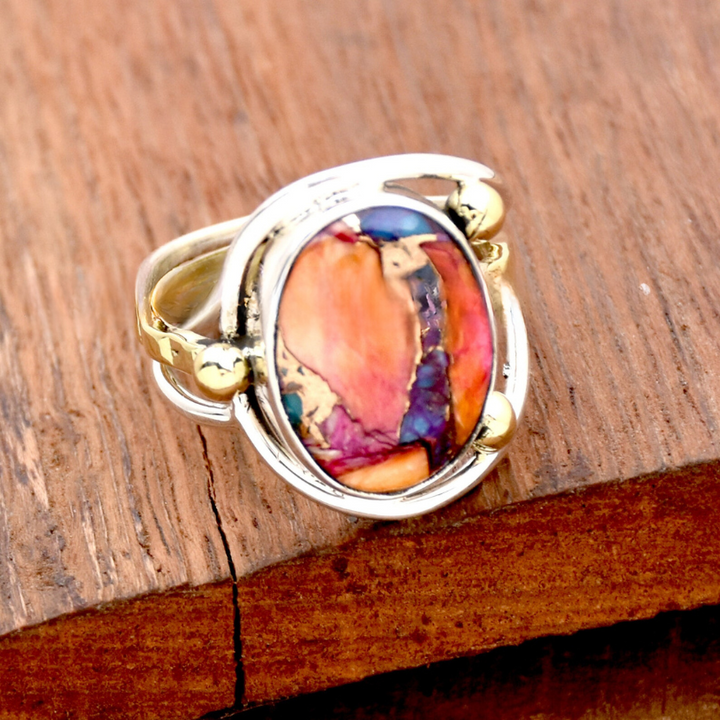 Kingman Pink Dahlia Oyster Turquoise Ring | Sterling Silver | Designer Boho Two-Tone Band Ring