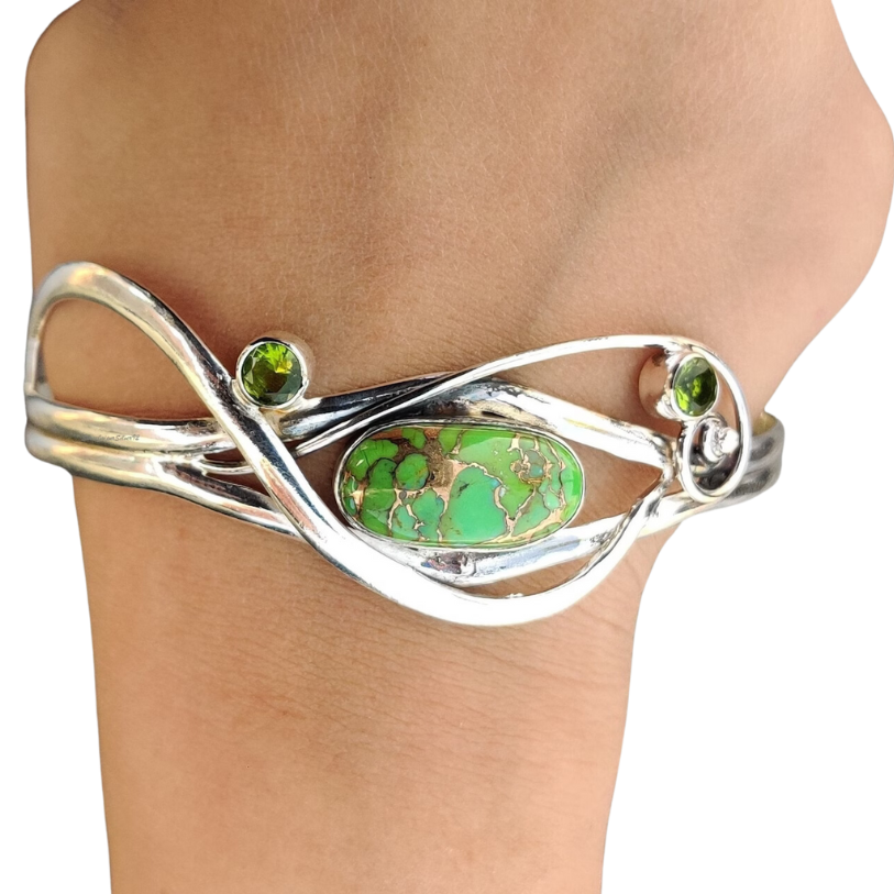 Green Copper Turquoise Bangle in 925 Sterling Silver