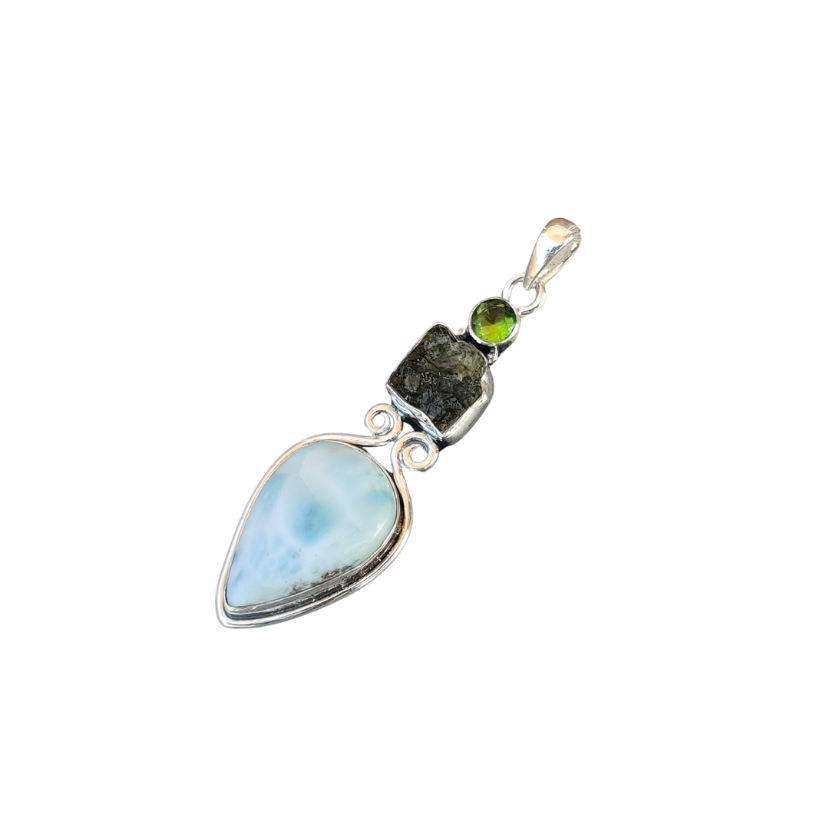 Larimar Moonstone Blue Topaz Energy Healing Pendant - Crystal Healing, Minimalist Three Stone Pendant - Perfect Gift