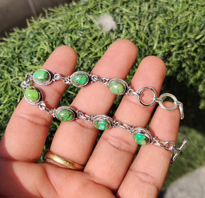 Oval Shape Green Turquoise Adjustable Bracelet