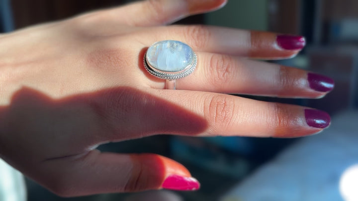 Handmade Genuine Rainbow Moonstone Sterling Silver Ring