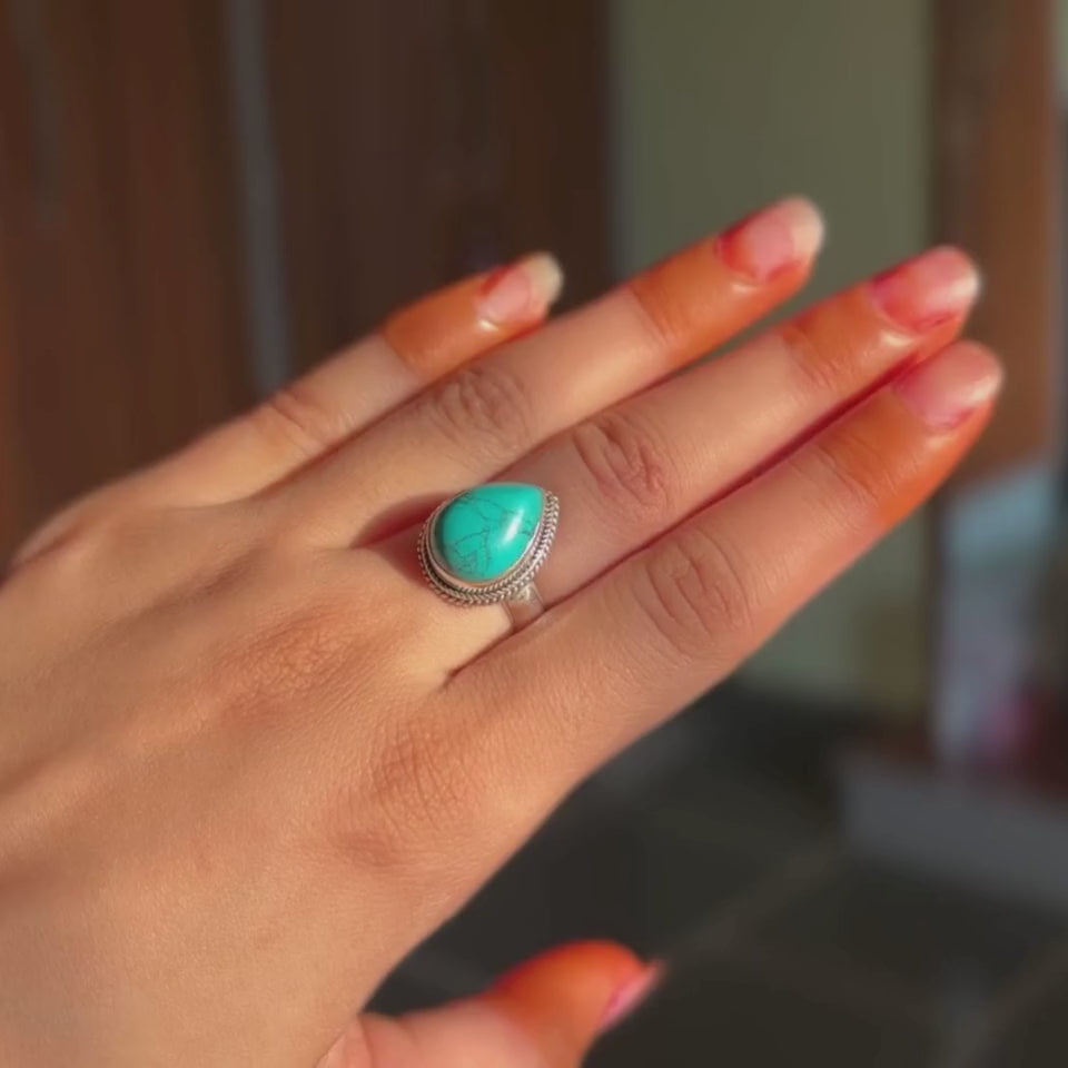 Handmade Dainty Pear Turquoise Sterling Silver Ring