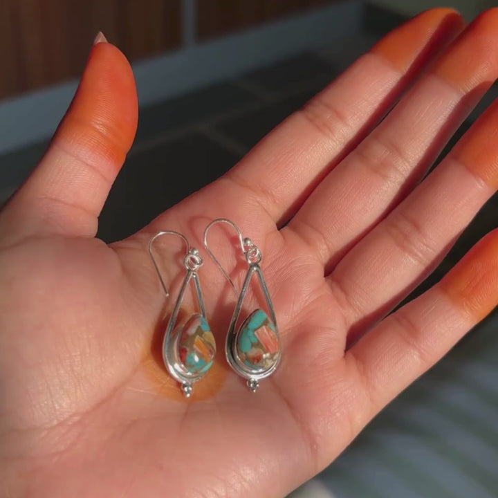 Handmade Oyster Copper Turquoise Earrings for Women | 925 Sterling Silver Boho Pear Shaped Earrings