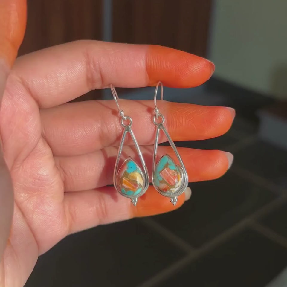 Handmade Oyster Copper Turquoise Earrings for Women | 925 Sterling Silver Boho Pear Shaped Earrings