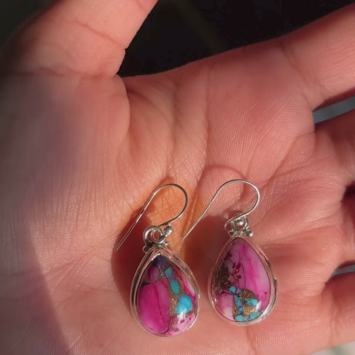 Handmade Kingman Pink Dahlia Turquoise Earrings