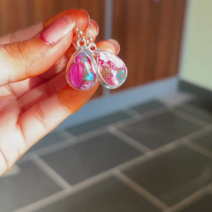 Handmade Kingman Pink Dahlia Turquoise Earrings